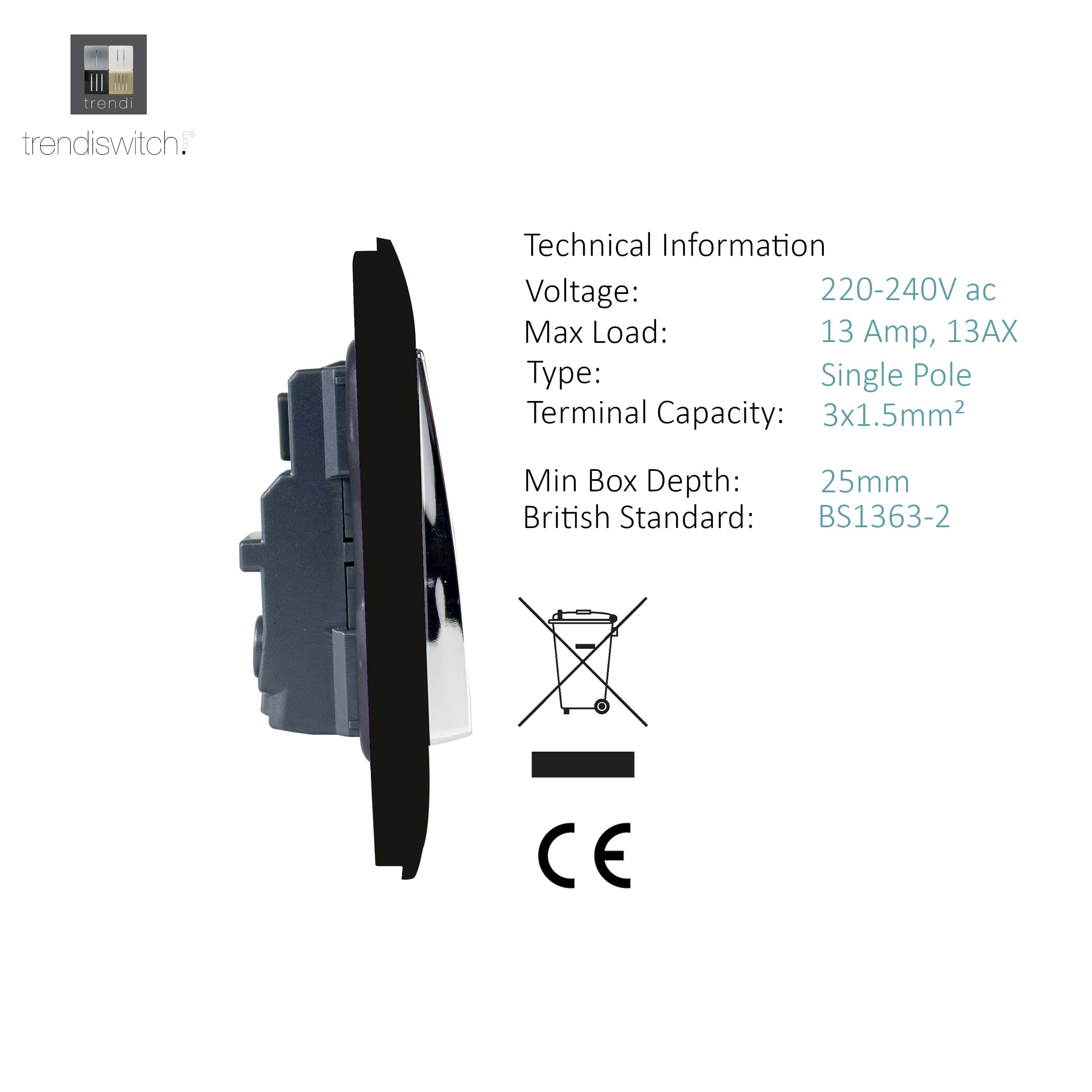 ART-SKT13BK side detailed 1Gang Socket Screwless Long Switch 13A Black