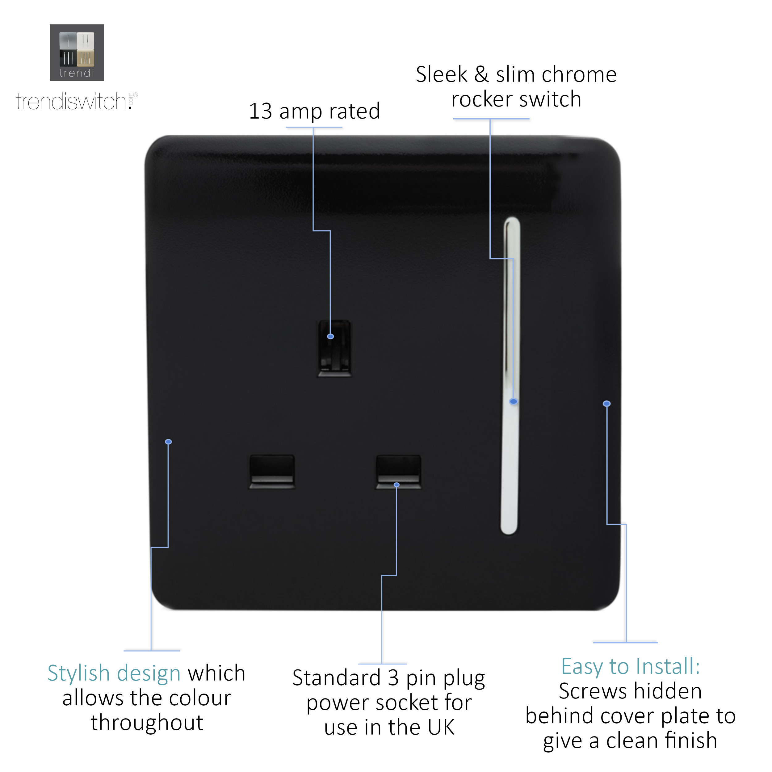ART-SKT13BK Front detailed 1Gang Socket Screwless Long Switch 13A Black
