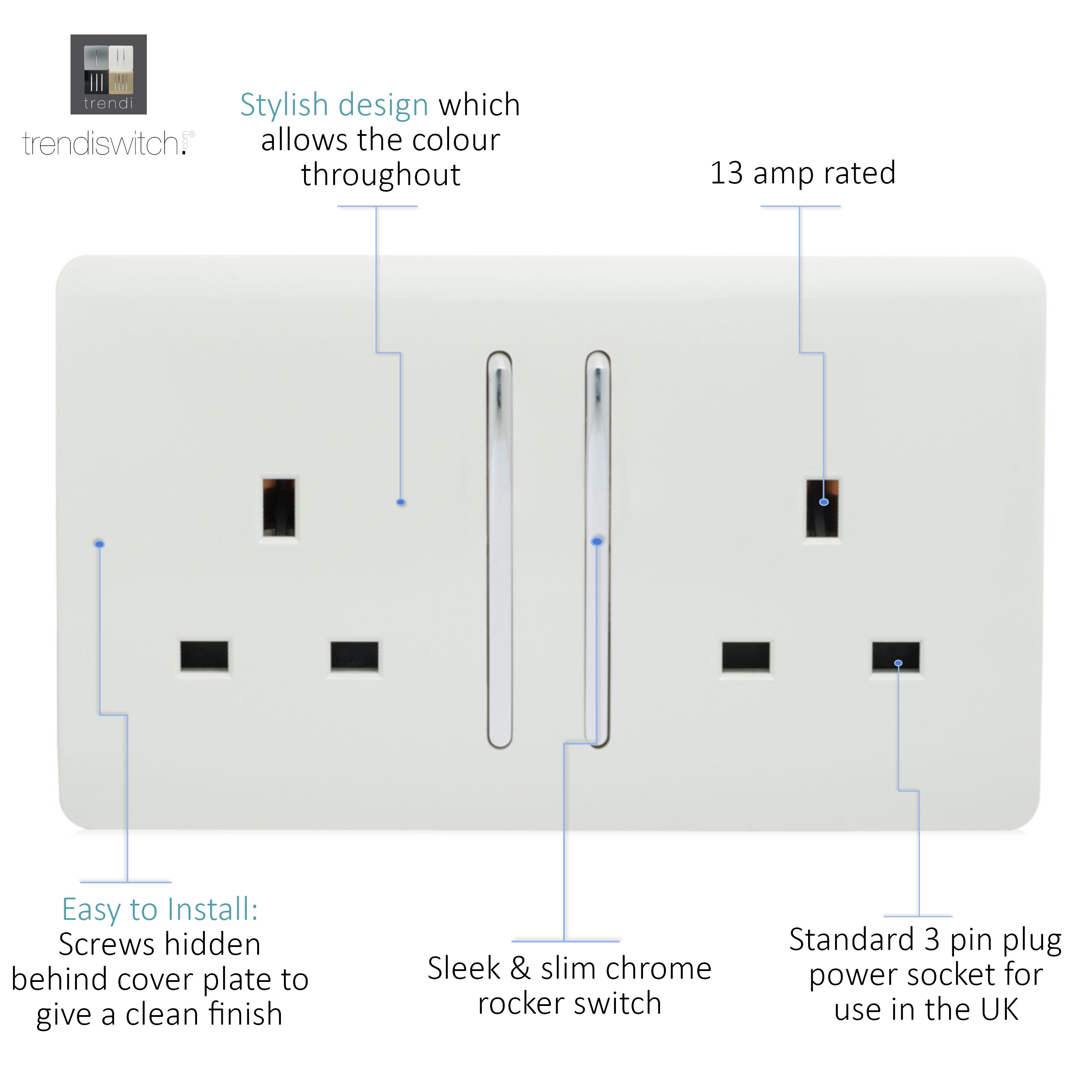 ART-SKT213LWH front detailed 2Gang Socket Screwless Long Switch 13A White