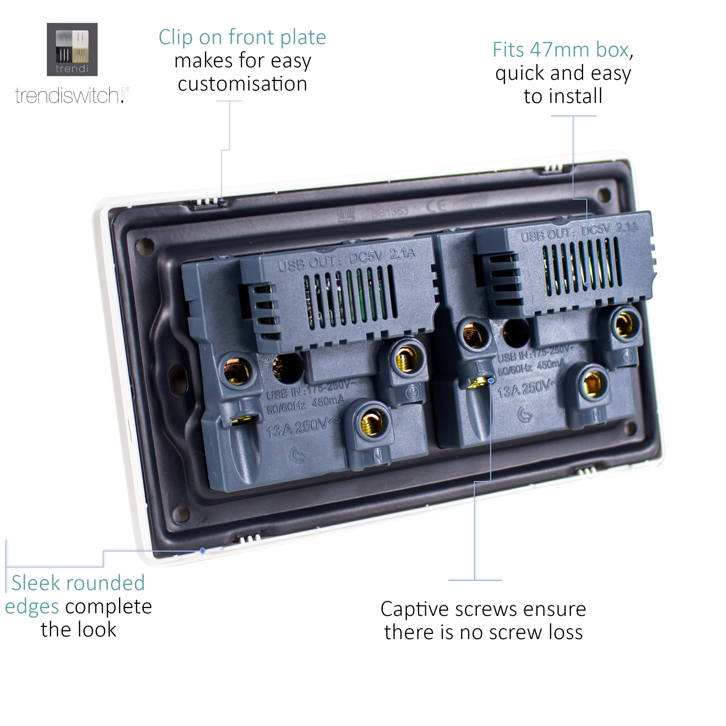 ART-SKT213USBSI rear 2Gang 4Port USB 2100mA 13A Socket Silver