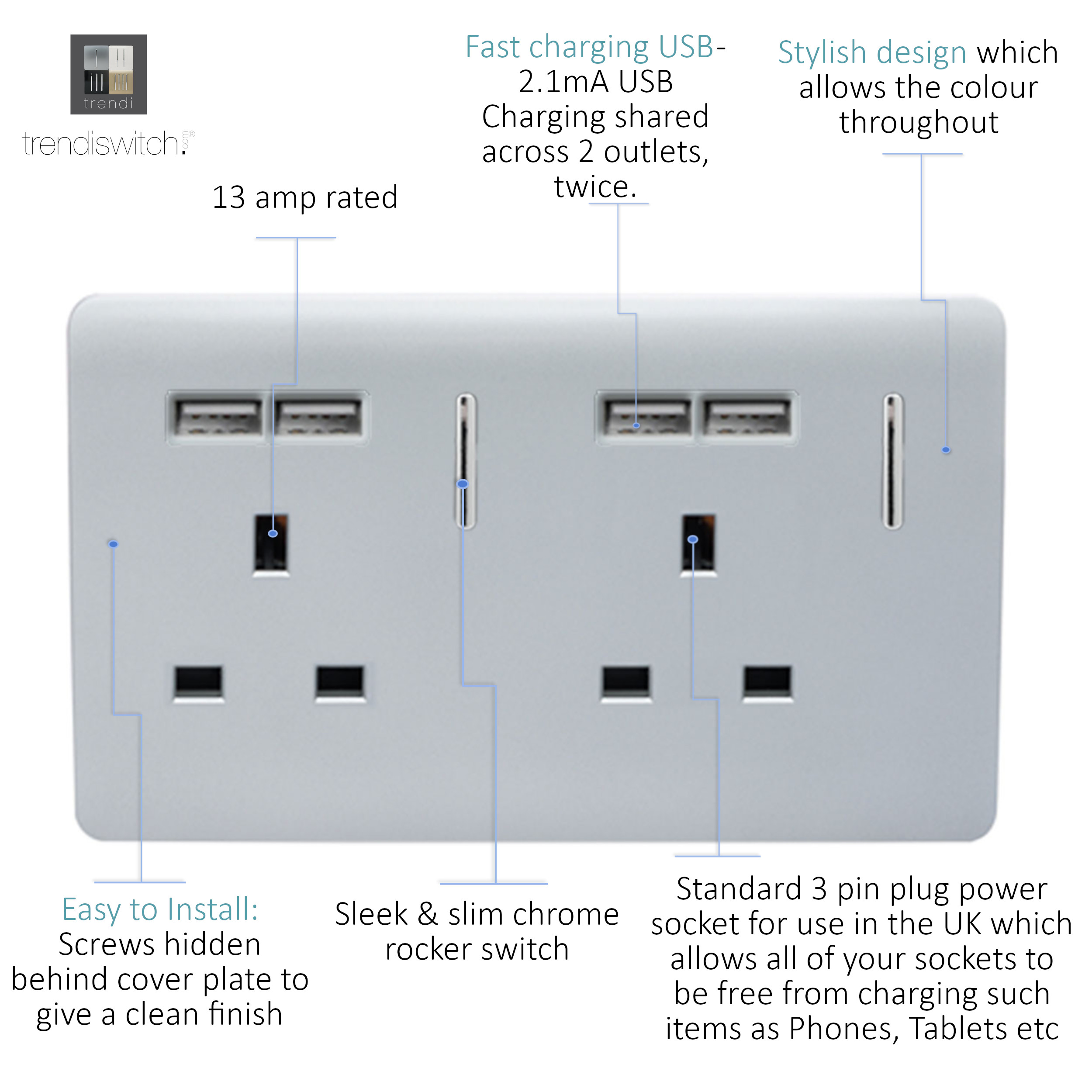 ART-SKT213USBSI front detail 2Gang 4Port USB 2100mA 13A Socket Silver