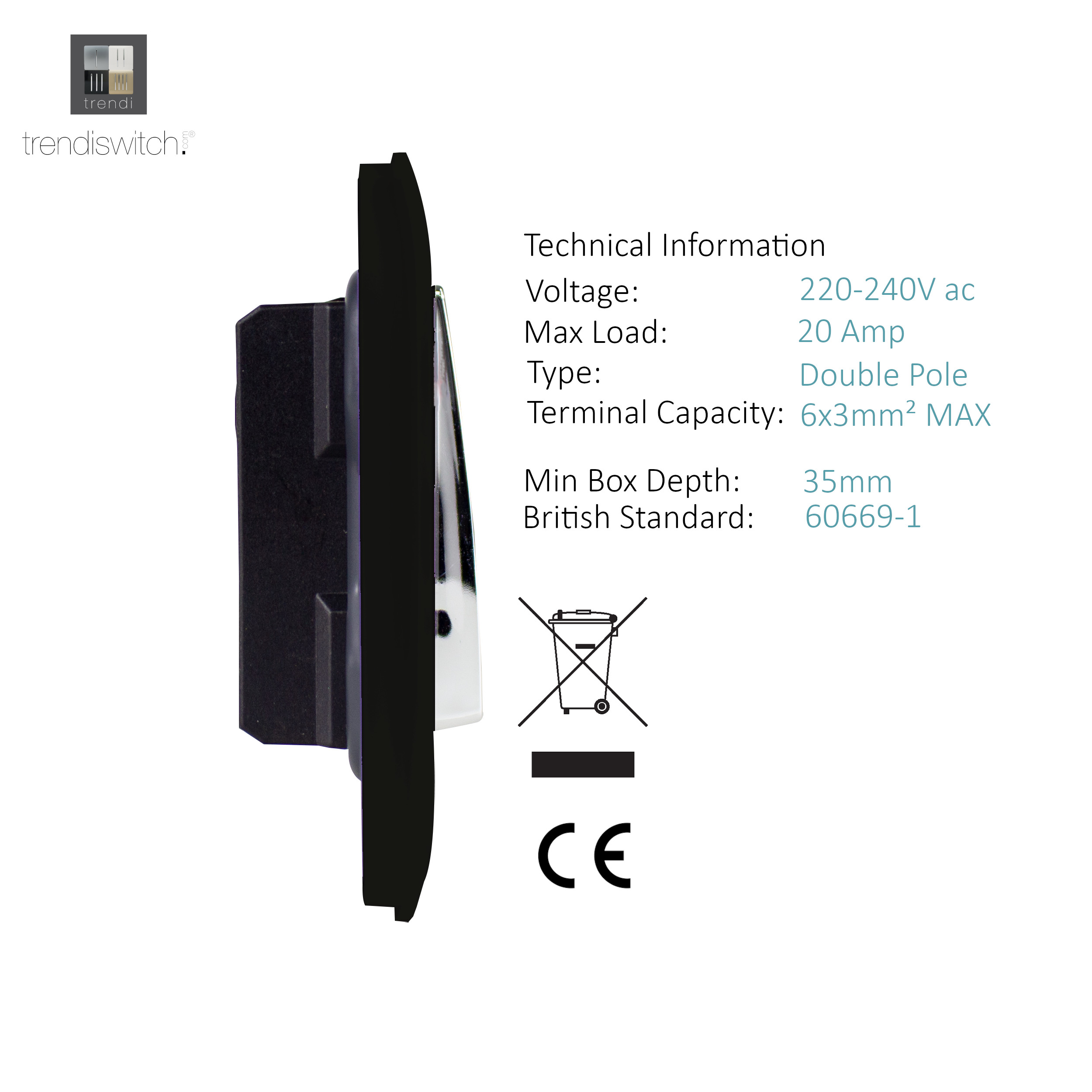 ART-WHS1BK side 1Gang 20Amp Switch Heavy Duty Rocker Black