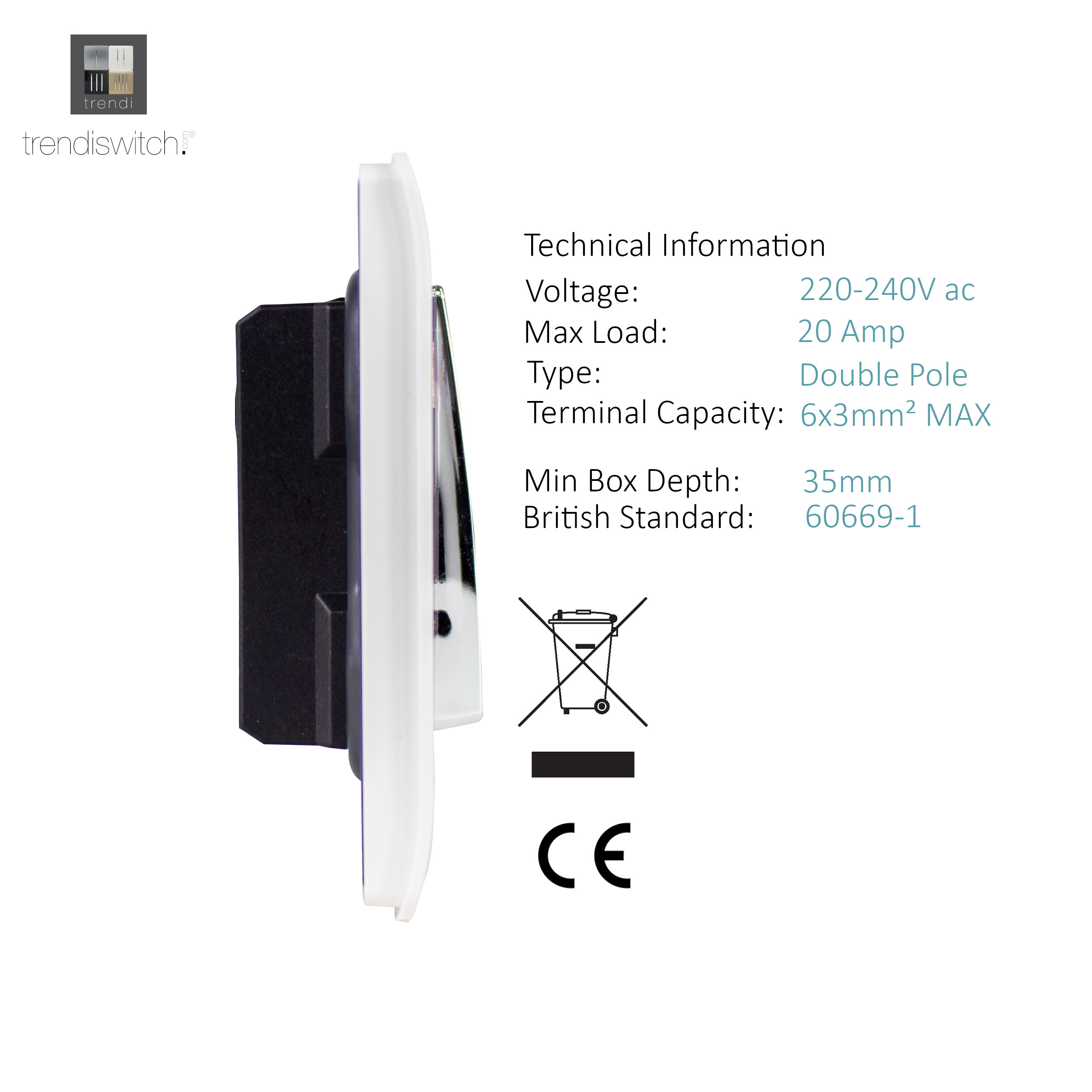 ART-WHS1WH side 1Gang 20Amp Switch Heavy Duty Rocker White